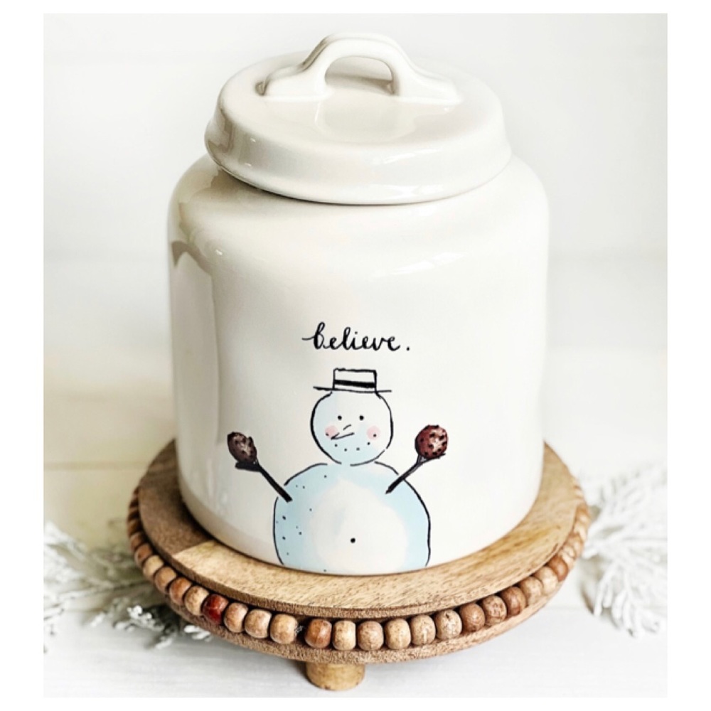 NEW Rae Dunn Christmas Believe Snowman with Cookies Chubby Canister Decor ☃️ - Picture 1 of 1